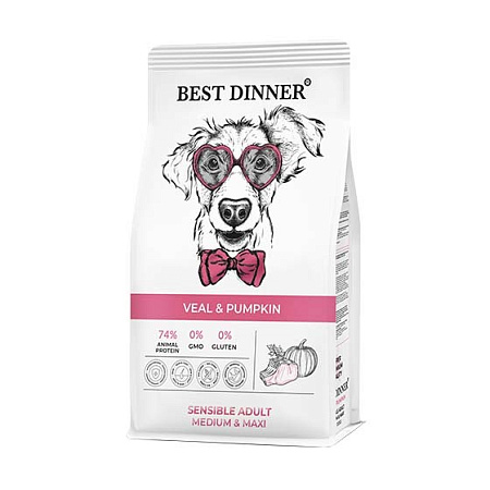 Бест Диннер для собак 12кг Эдалт Сенсибл Медиум телятина/тыква