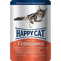 Хэппи Кэт ПАУЧ 85г Говядина/печень/горох в желе